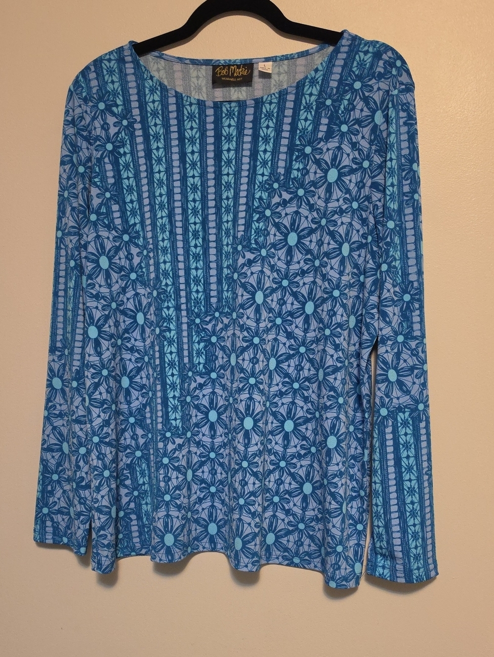 Bob Mackie Blue Multi Floral-Stripe Long Sleeve Top